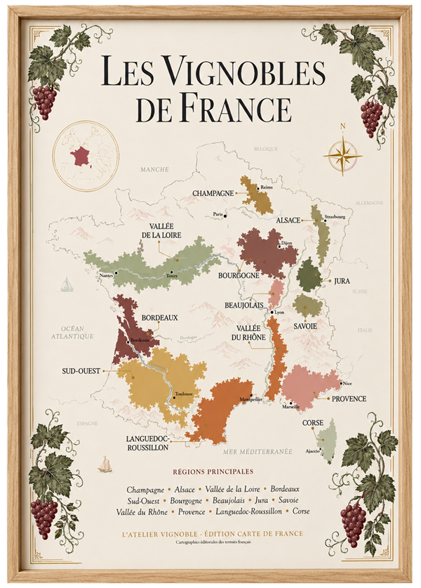 Affiche France, carte des vignobles 50 × 70 cm